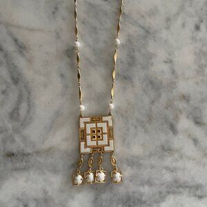 Vintage Gold and White Square Dangling Necklace